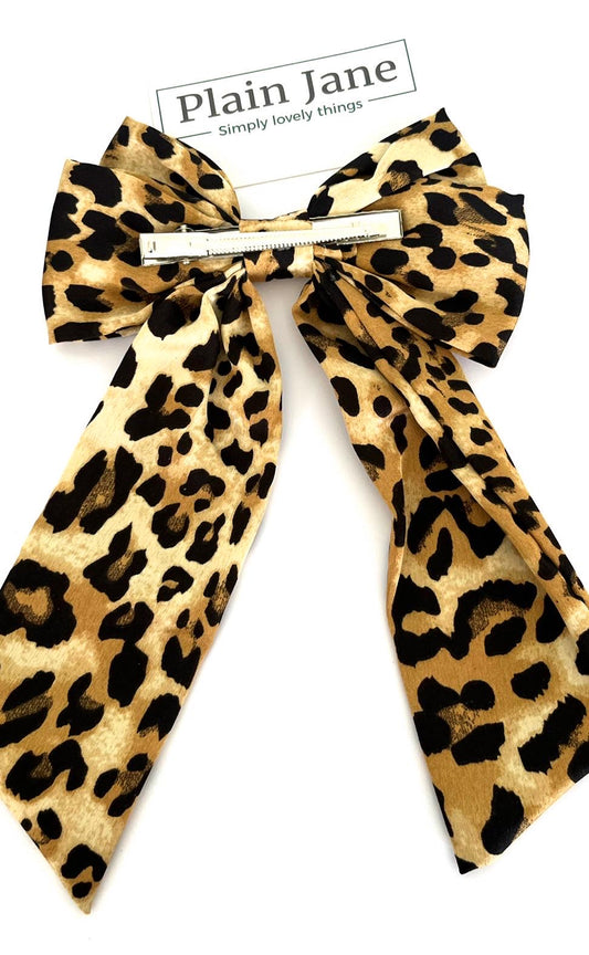 Leopard Print Hair Bow Clip: Long Tails, Silver Beak Clip