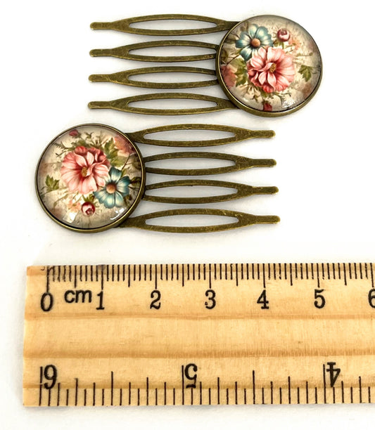 Vintage Floral Hair Combs | Bronze Bun Combs | Romantic Bridal & Cottage Garden Hair Accessories (Pair)