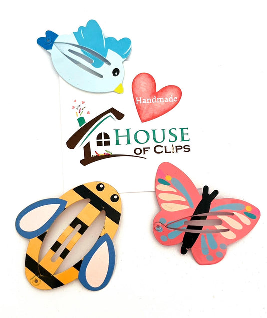 Spring Kids Snap Clips: Butterfly, Bee & Bird Barrettes - Set of 3