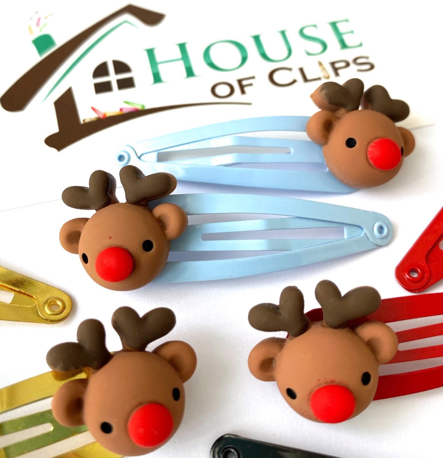 Rudolph Hair Clips: Christmas Reindeer Barrettes (Set of 2)