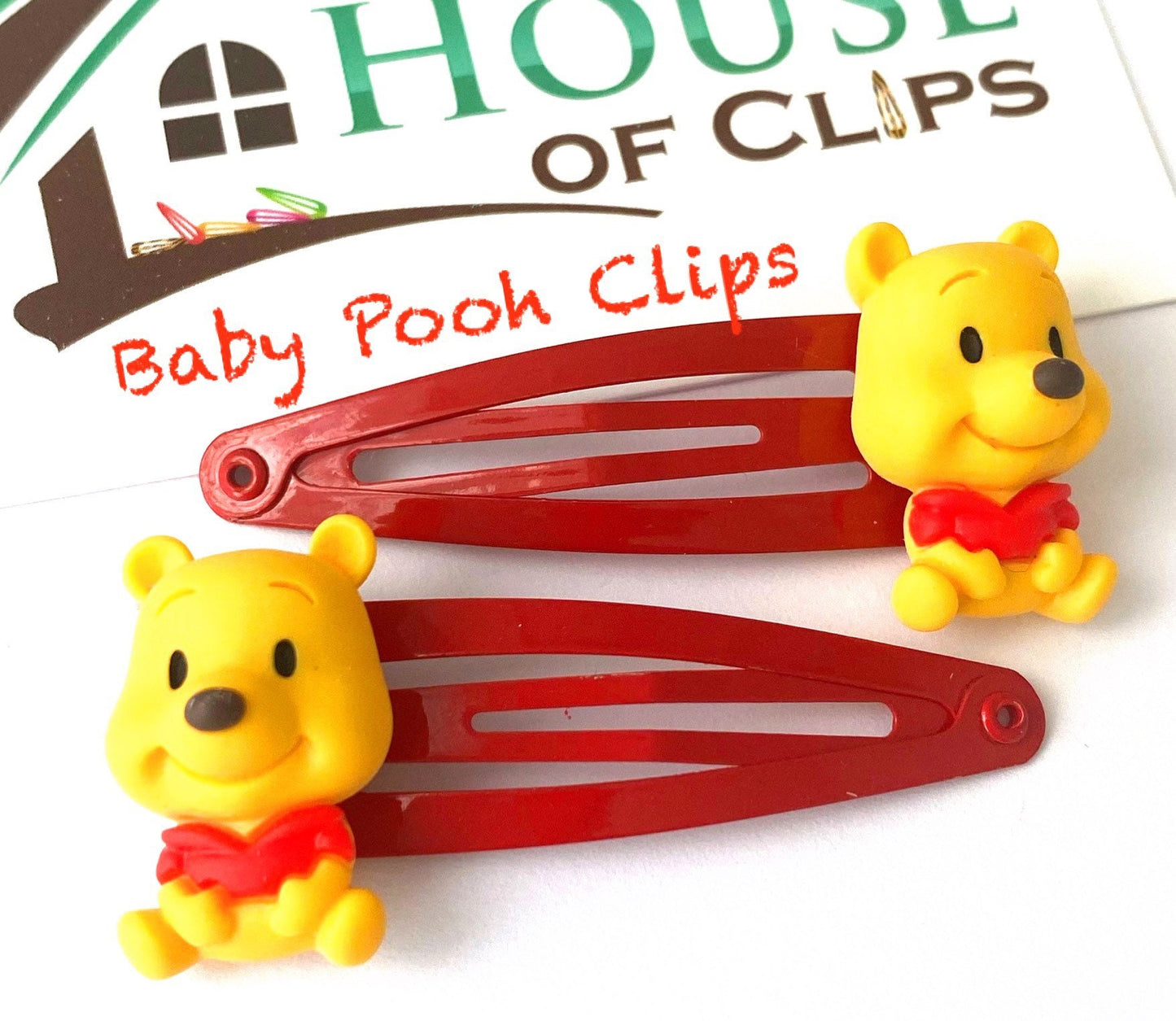 Pooh Bear Hair Clips: Baby Girl Red Snap Barrettes (Set of 2)