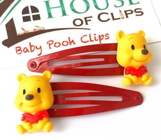 Pooh Bear Hair Clips: Baby Girl Red Snap Barrettes (Set of 2)