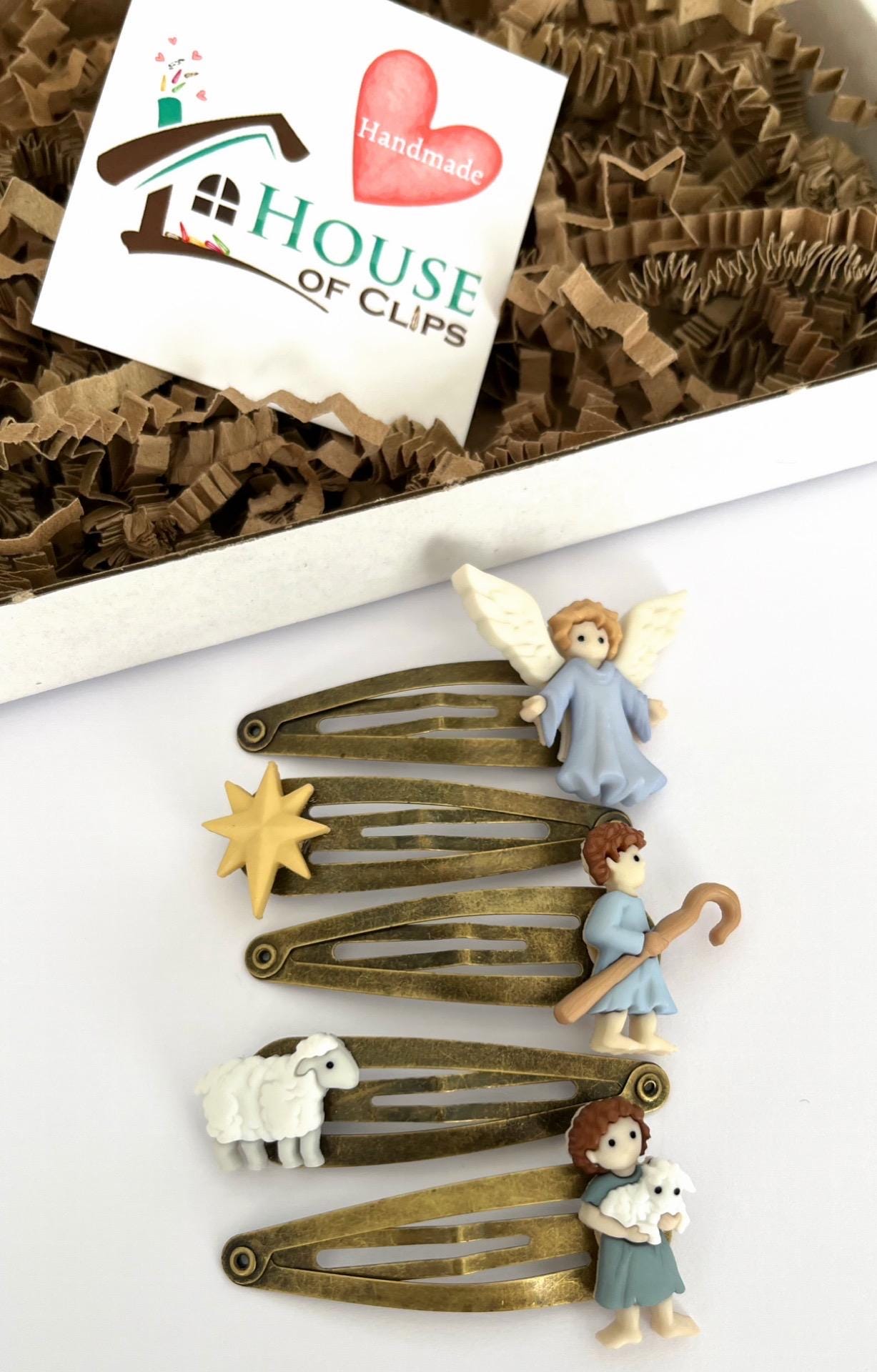 Nativity Hair Clip Set: Handmade Polymer Clay Angel, Star, Shepherd & Lamb