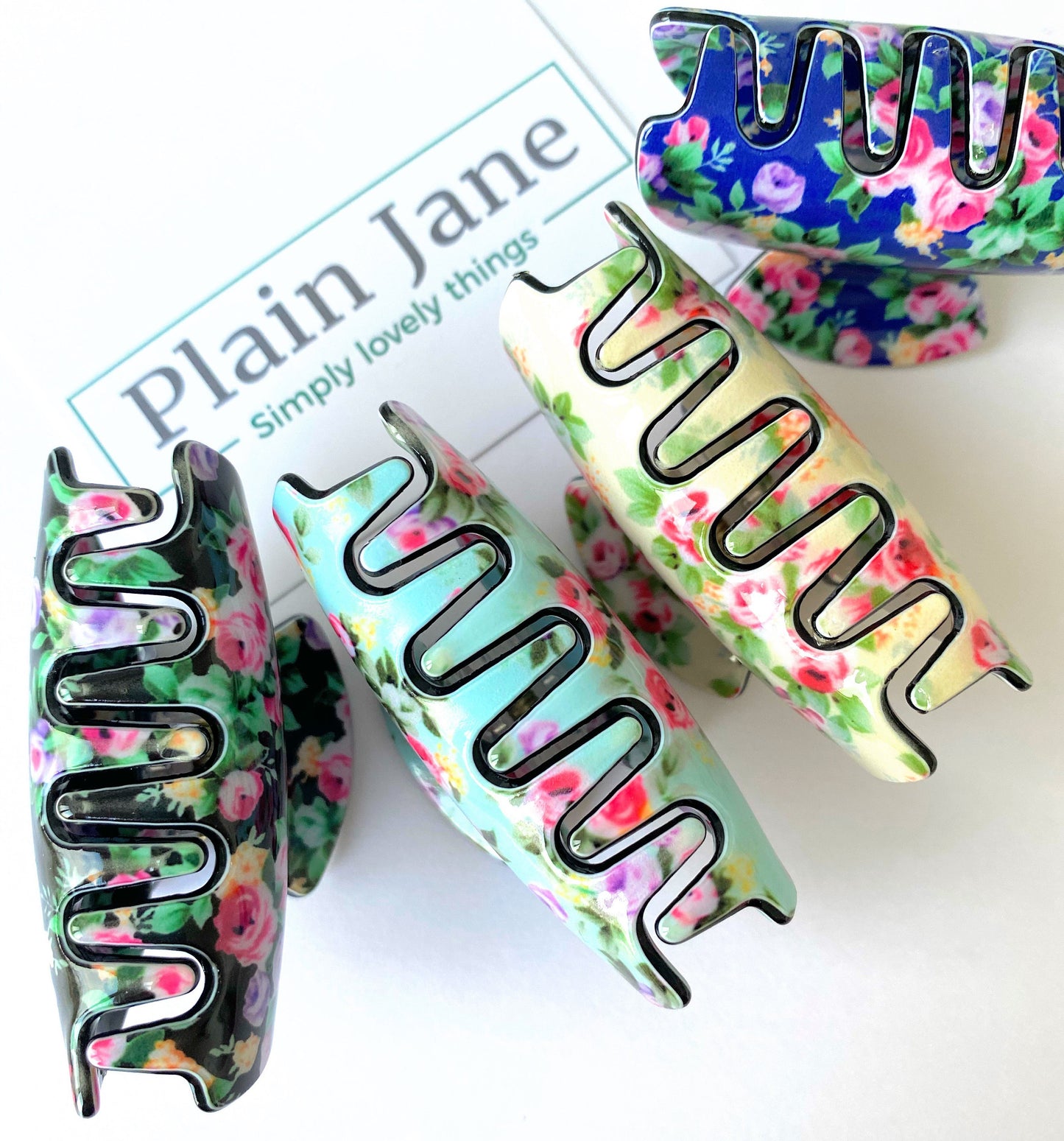 Button Rose Hair Claw: Floral Print Resin Hair Clip (7cm)