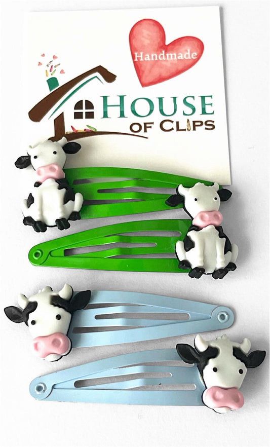 Moo Cow Hair Clips x2 - Fun Hair Clips - Cow Barrettes- Non Slip Hair Clips - Farmyard Hair Clips - Cow Gift - Animal Snap Clips - Cow Clips
