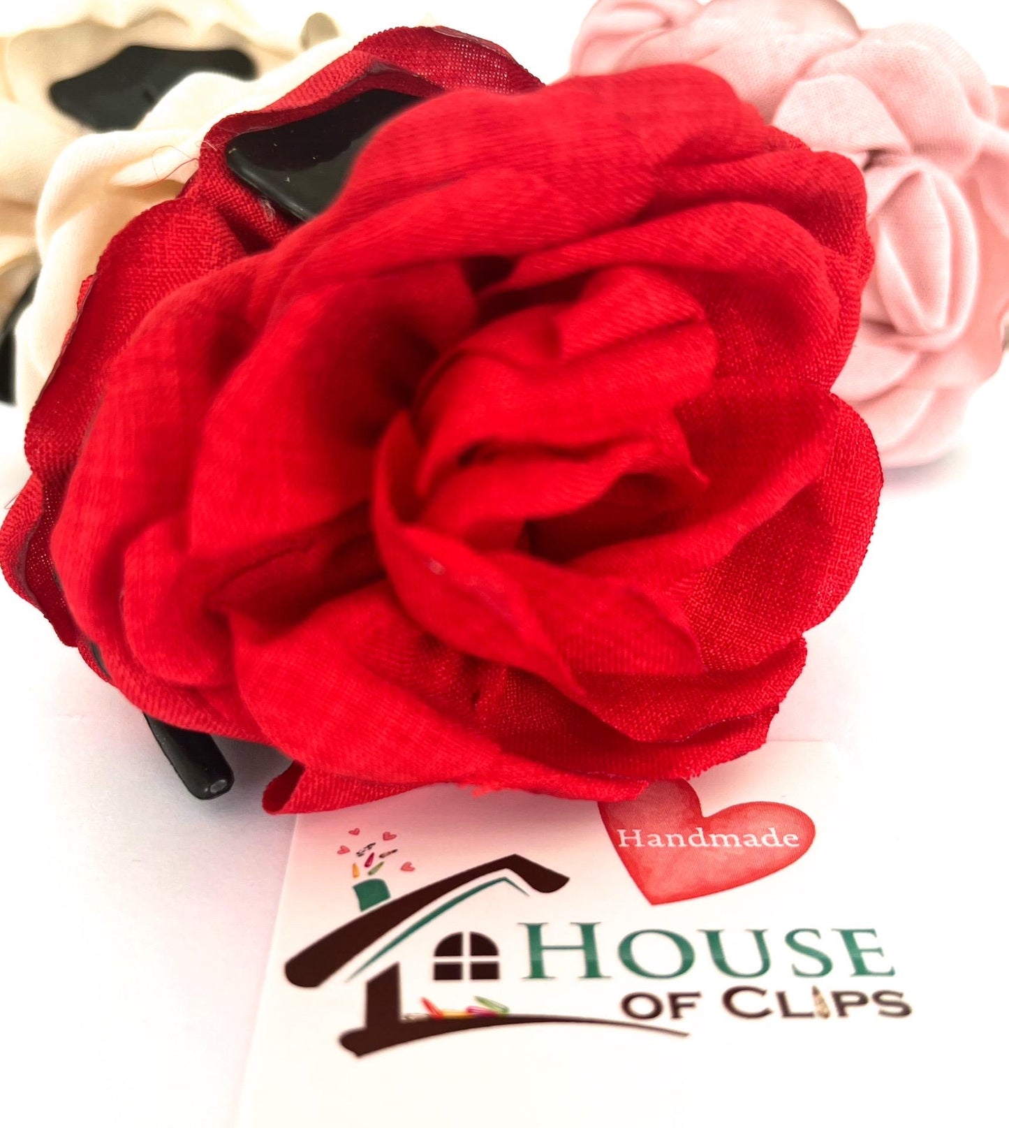 Handmade Fabric Rose Hair Clip: Champagne, Pink & Red