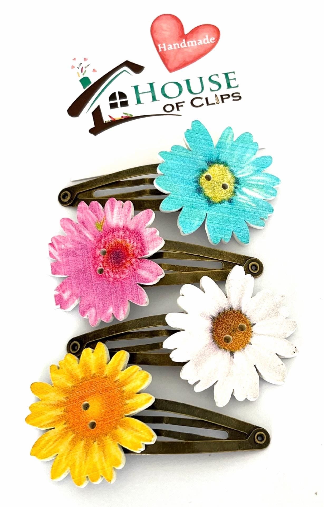 Wooden Flower Hair Clips: Colorful Button Bouquet, Set of 4