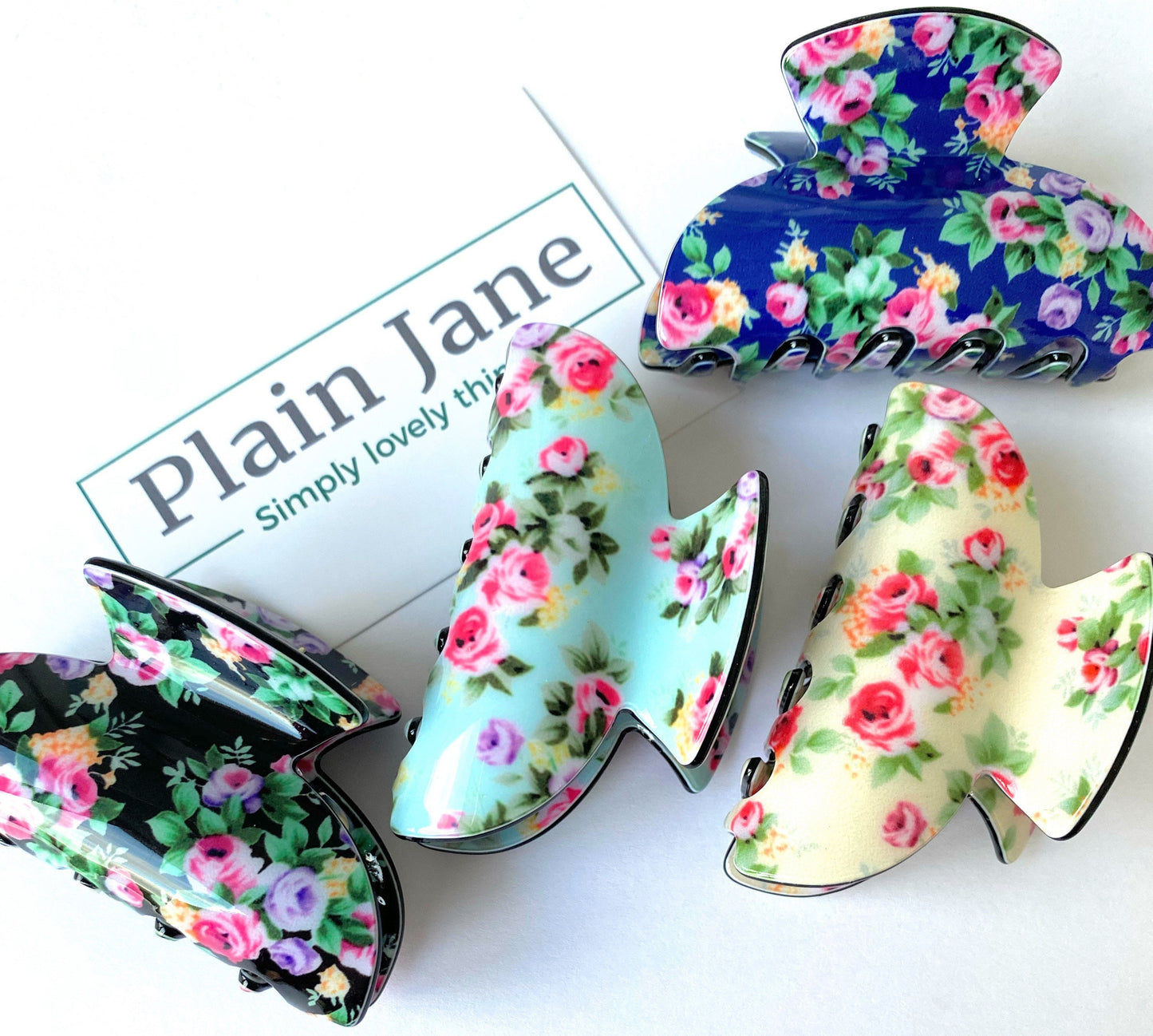 Button Rose Hair Claw: Floral Print Resin Hair Clip (7cm)