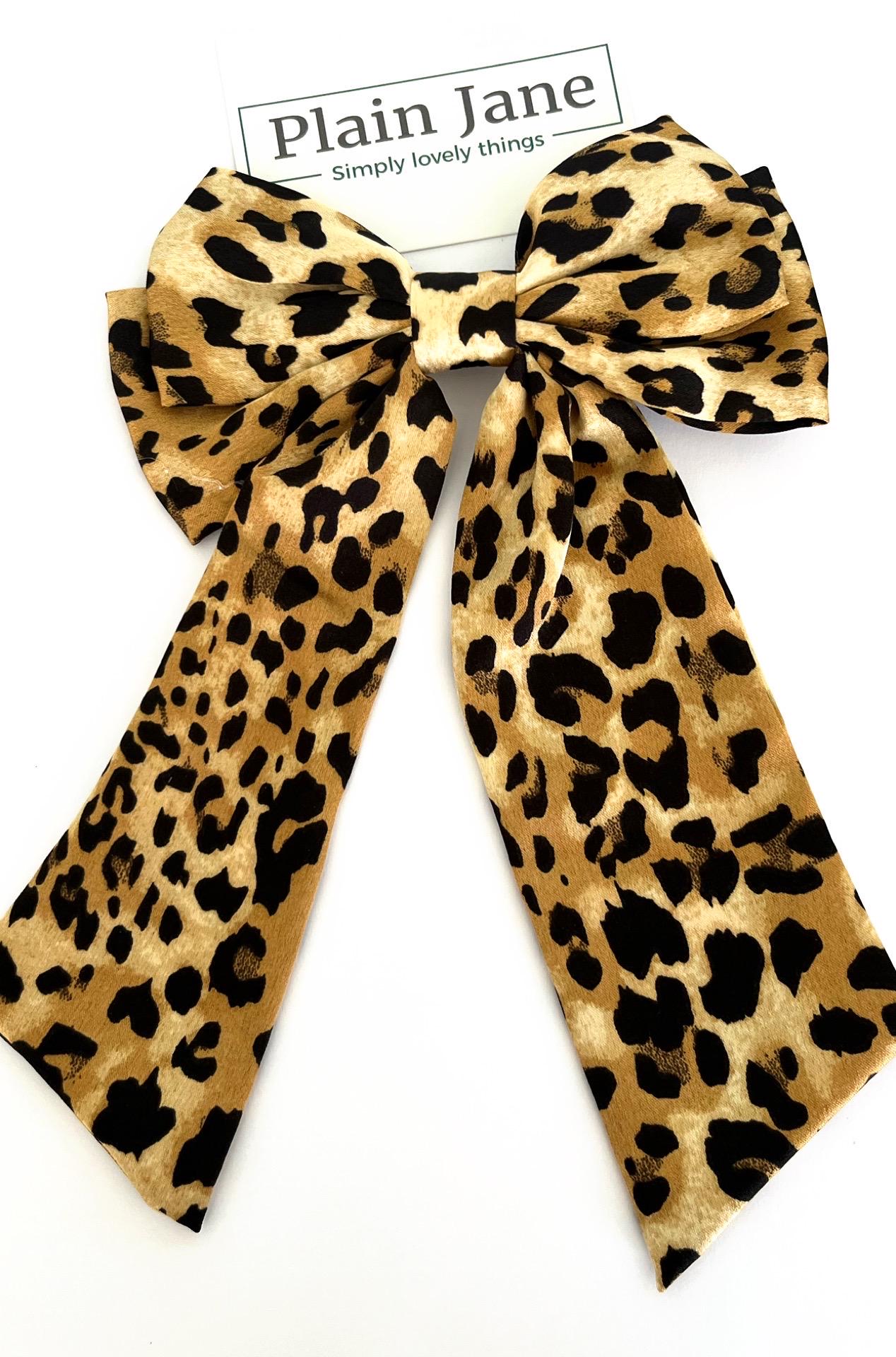 Leopard Print Hair Bow Clip: Long Tails, Silver Beak Clip