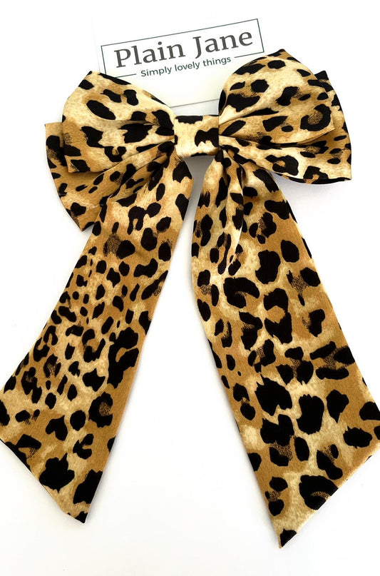 Leopard Print Hair Bow Clip: Long Tails, Silver Beak Clip