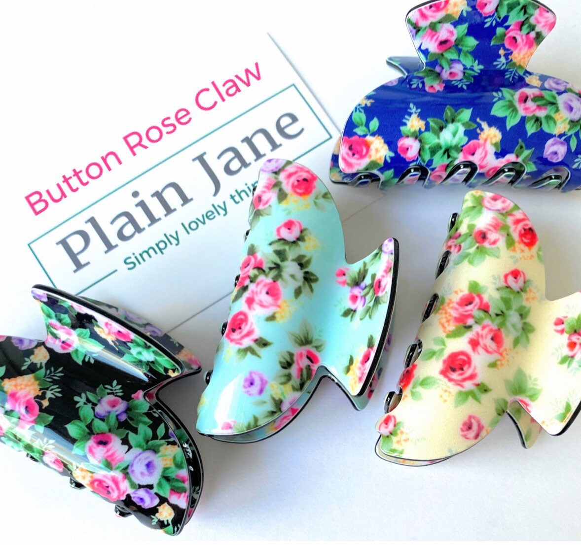 Button Rose Hair Claw: Floral Print Resin Hair Clip (7cm)