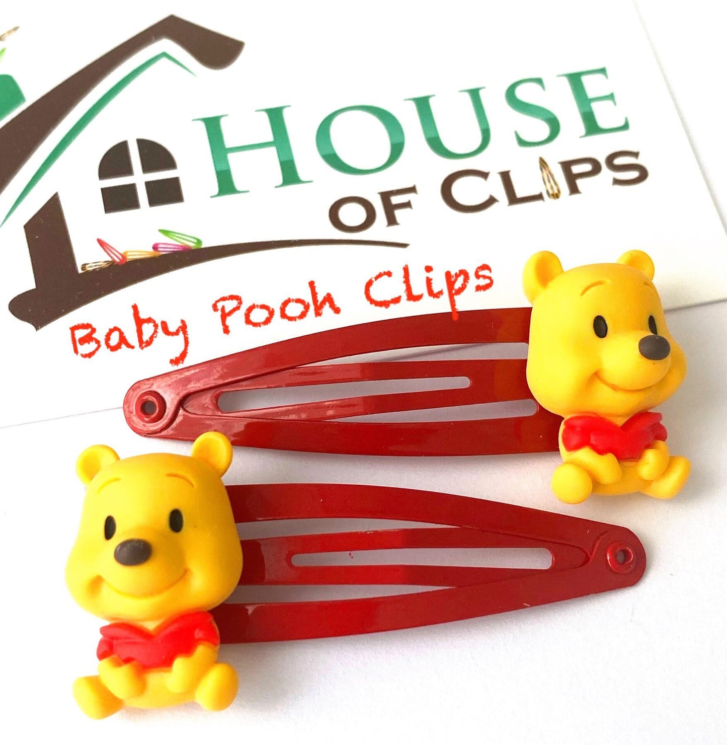 Pooh Bear Hair Clips: Baby Girl Red Snap Barrettes (Set of 2)
