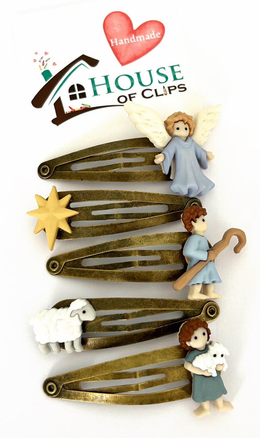 Nativity Hair Clip Set: Handmade Polymer Clay Angel, Star, Shepherd & Lamb