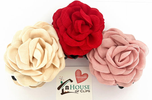 Handmade Fabric Rose Hair Clip: Champagne, Pink & Red