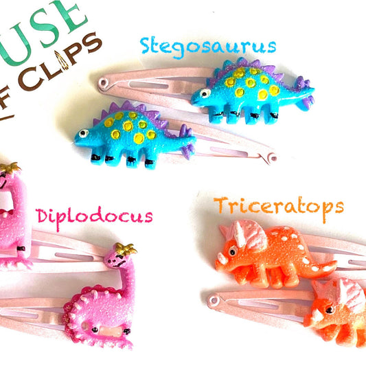 Dinosaur Hair Clips: Stegosaurus, Triceratops, Diplodocus (Set of 2)