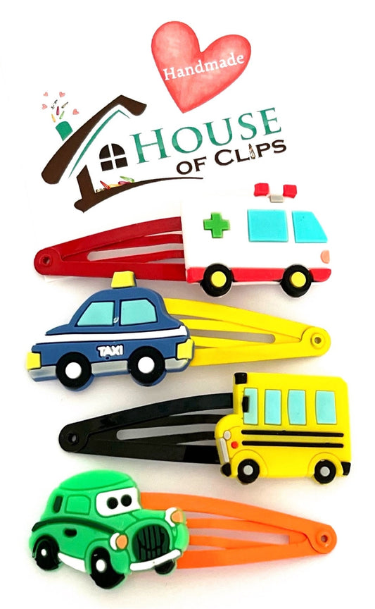 My Little Automobile Ambulance Hair Clip Set x4 - Boys Hair Clips - Ambulance Hair Clips - Taxi Hair Slides - American Bus Barrettes -