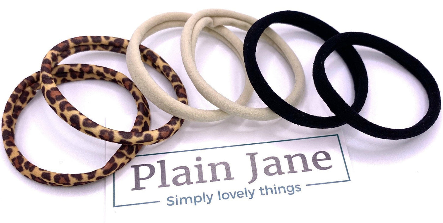 Strong Nylon Hair Elastics: Leopard, Blonde, Black - Set of 6