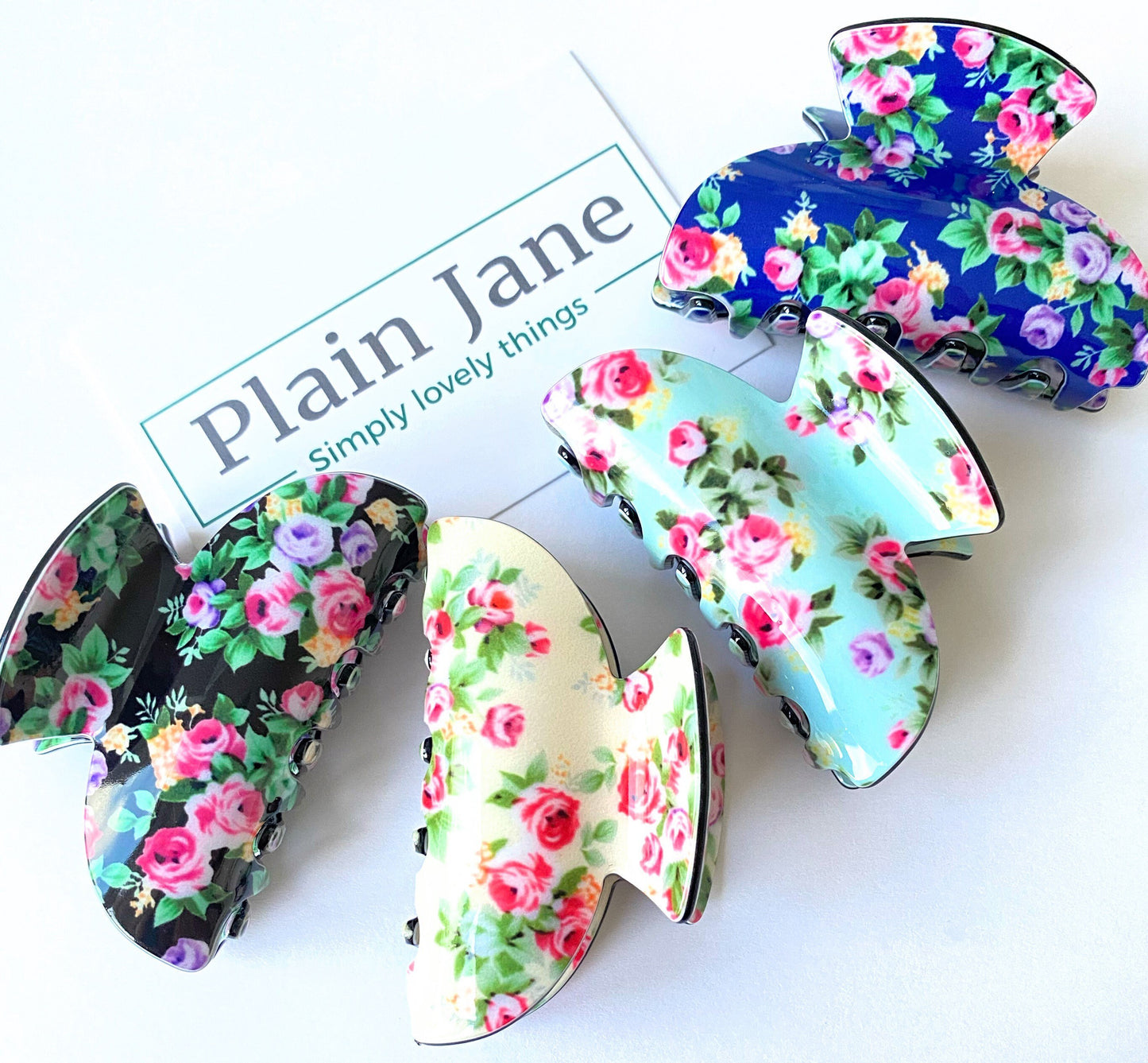 Button Rose Hair Claw: Floral Print Resin Hair Clip (7cm)