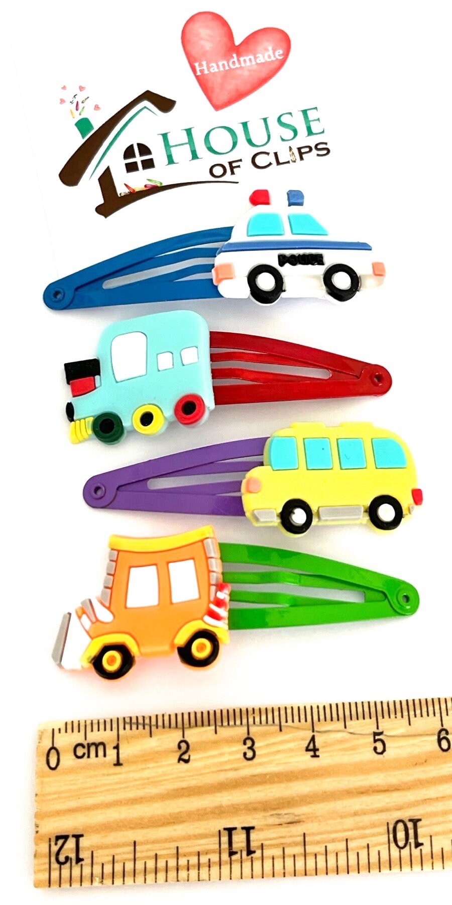 My Little Automobile Police Car Hair Clip Set x4 - Boys Hair Clips - Ambulance Hair Clips - Taxi Hair Slides - American Bus Barrettes