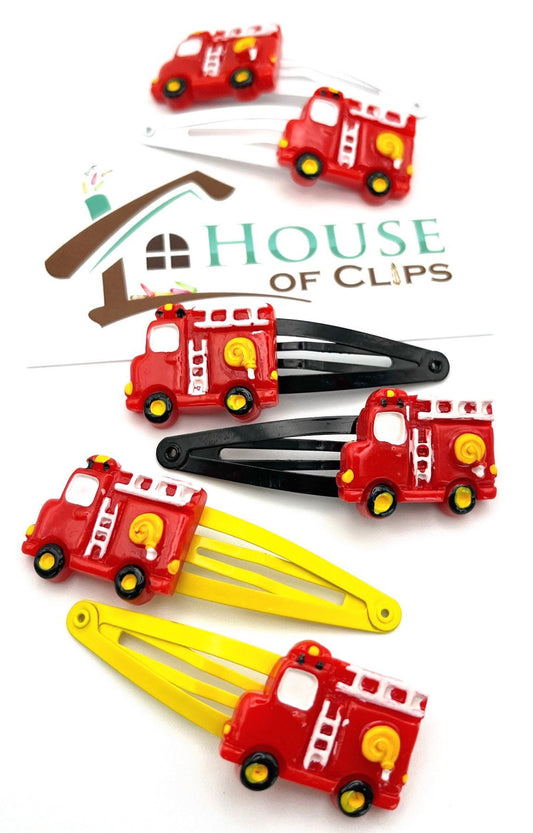 Fire Engine Hair Clips x2 - Boys and Girls Hair Snap Clips- Emergency Response Vehicle Barrettes - Gift For Boys - Gift For Nephew