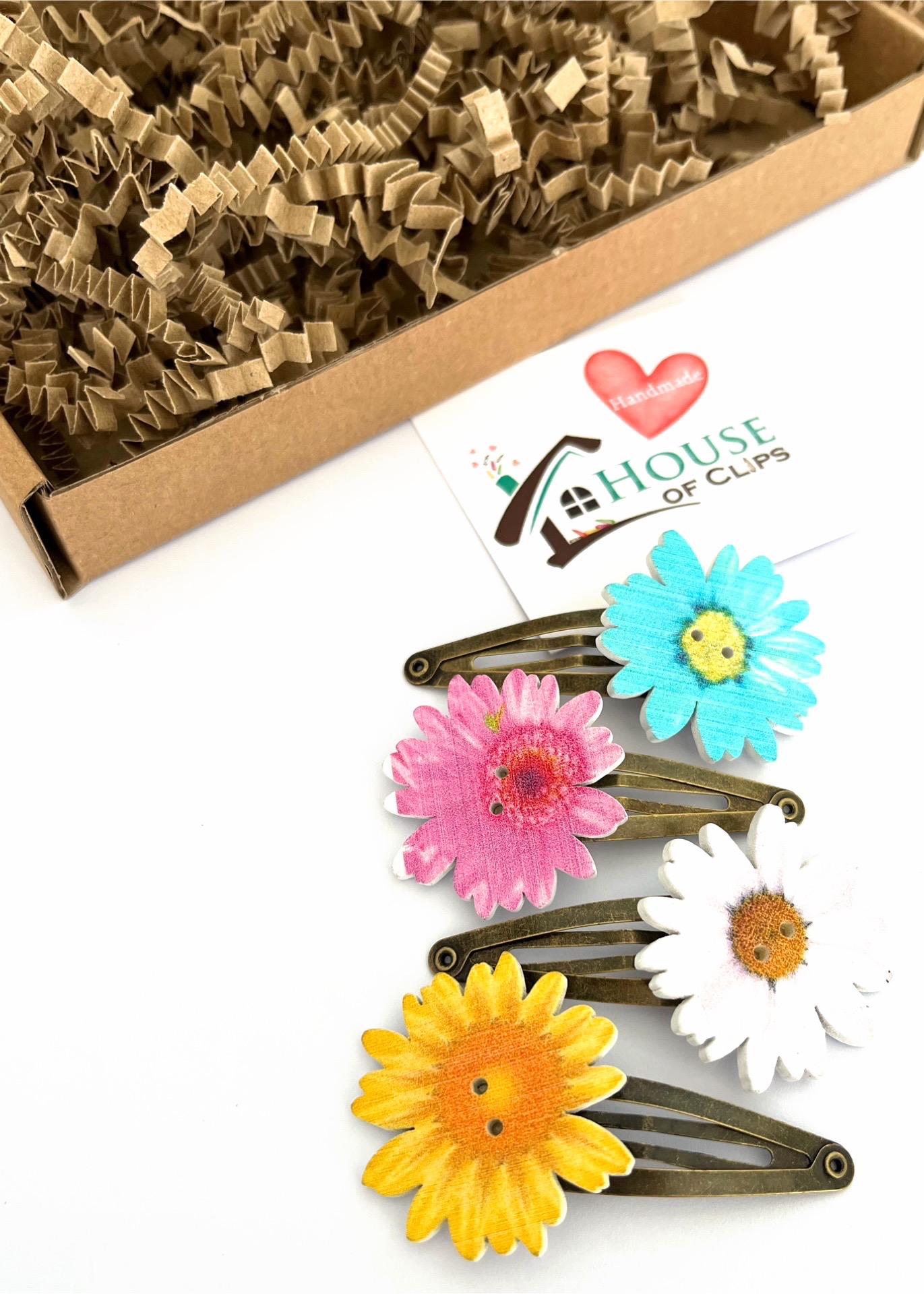 Wooden Flower Hair Clips: Colorful Button Bouquet, Set of 4