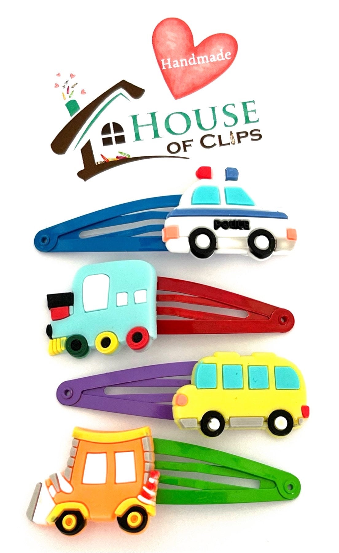My Little Automobile Police Car Hair Clip Set x4 - Boys Hair Clips - Ambulance Hair Clips - Taxi Hair Slides - American Bus Barrettes