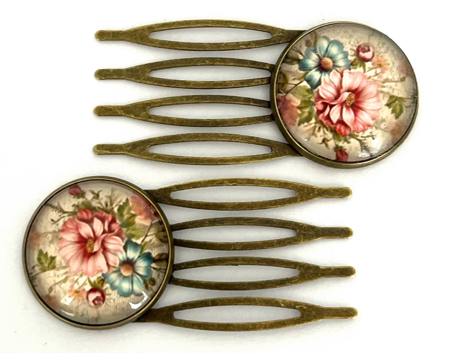 Vintage Floral Hair Combs | Bronze Bun Combs | Romantic Bridal & Cottage Garden Hair Accessories (Pair)