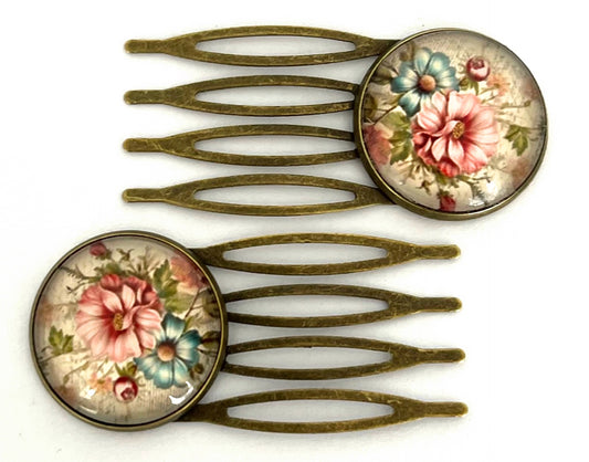 Vintage Floral Hair Combs | Bronze Bun Combs | Romantic Bridal & Cottage Garden Hair Accessories (Pair)
