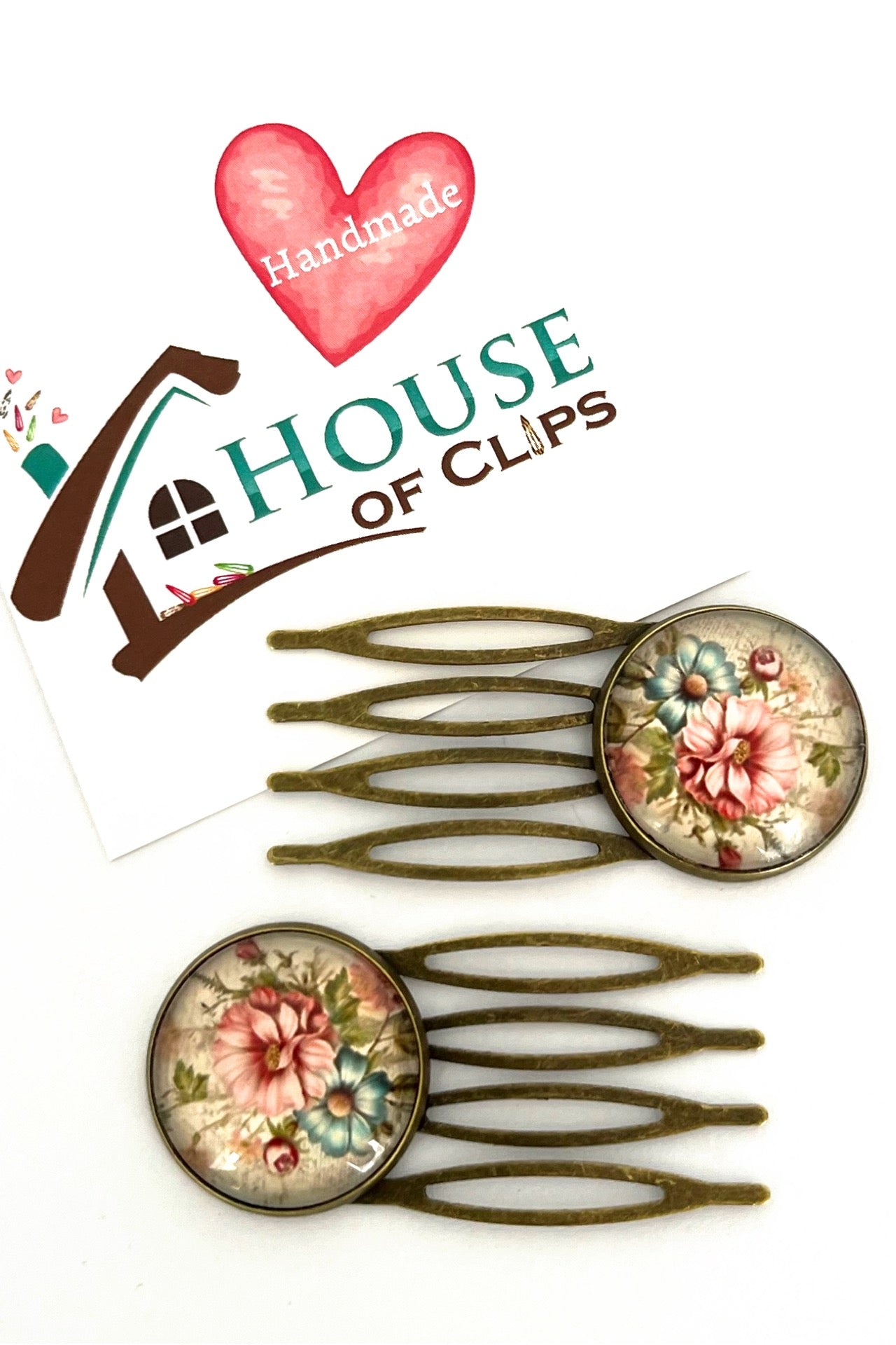 Vintage Floral Hair Combs | Bronze Bun Combs | Romantic Bridal & Cottage Garden Hair Accessories (Pair)