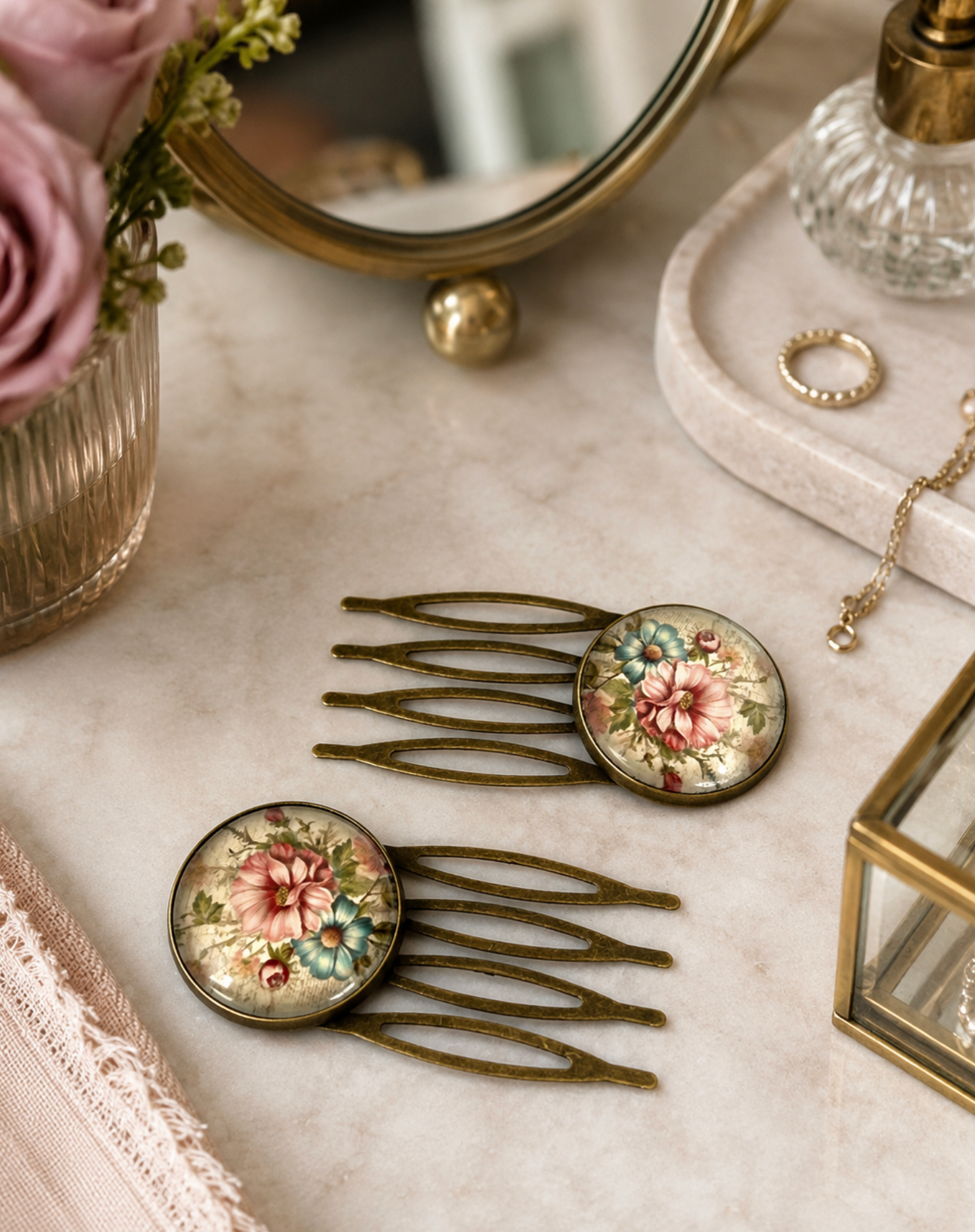 Vintage Floral Hair Combs | Bronze Bun Combs | Romantic Bridal & Cottage Garden Hair Accessories (Pair)