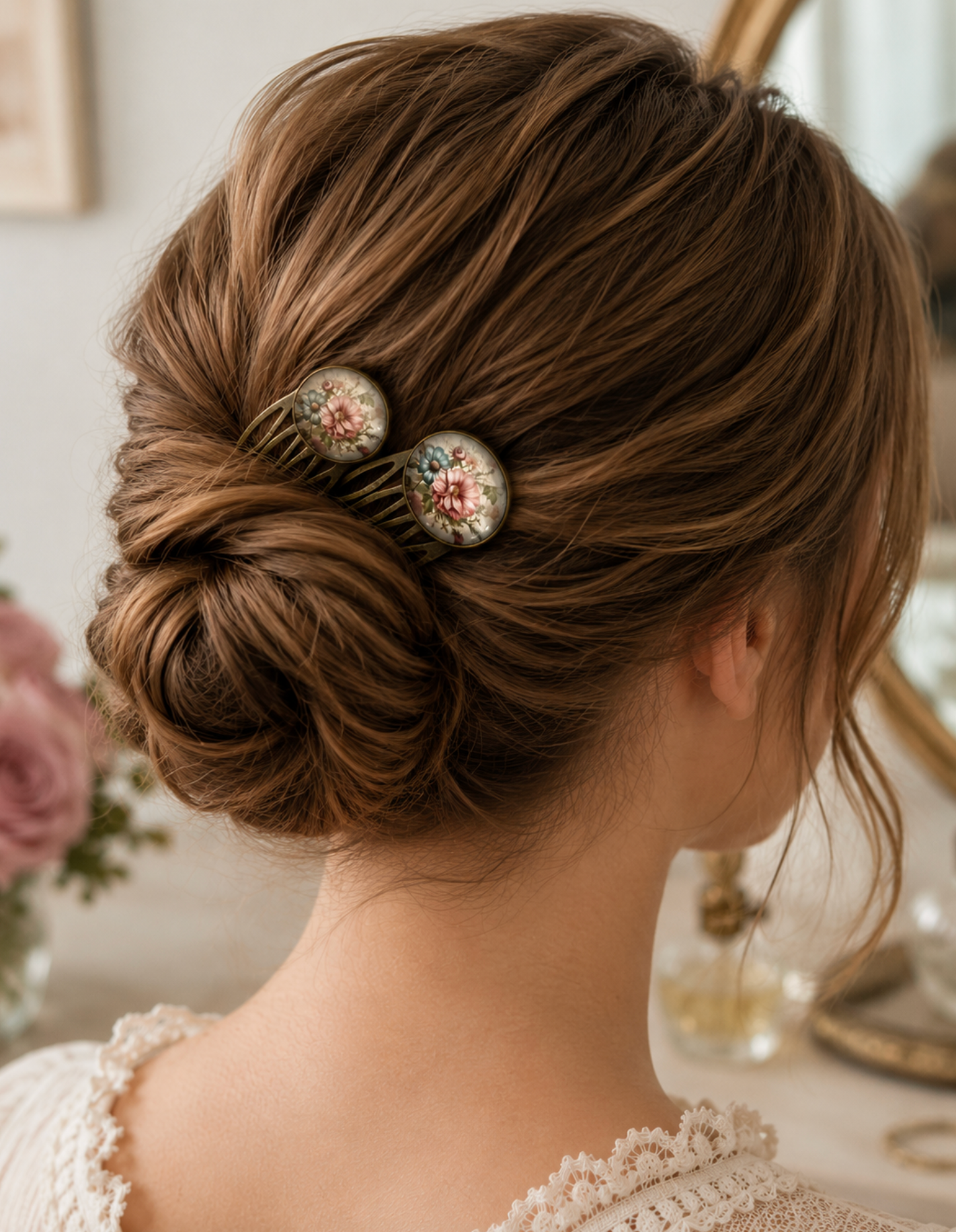 Vintage Floral Hair Combs | Bronze Bun Combs | Romantic Bridal & Cottage Garden Hair Accessories (Pair)
