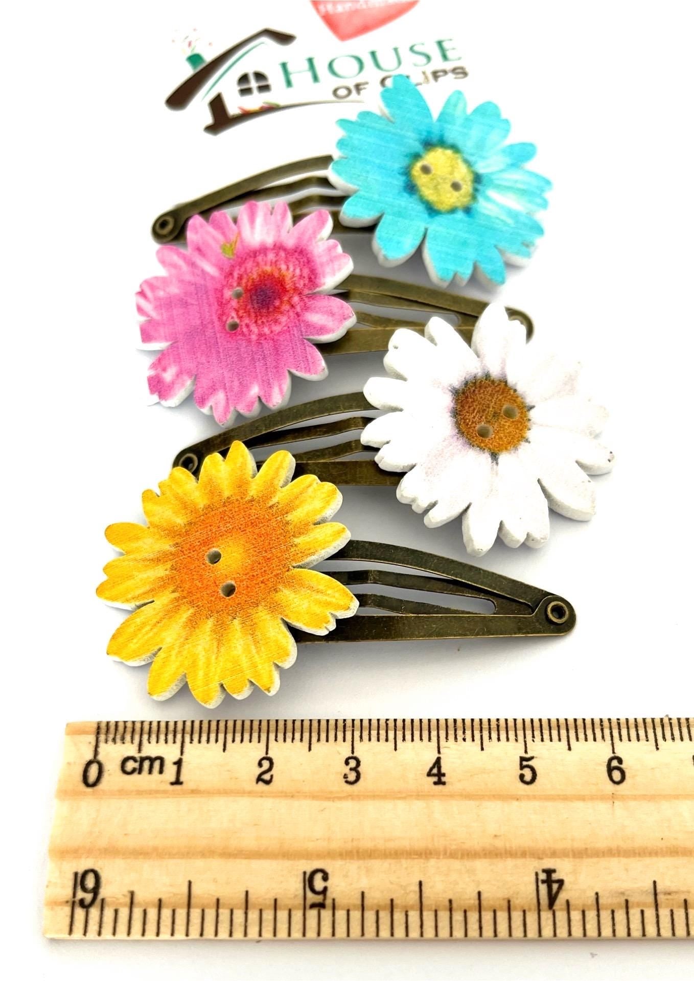 Wooden Flower Hair Clips: Colorful Button Bouquet, Set of 4