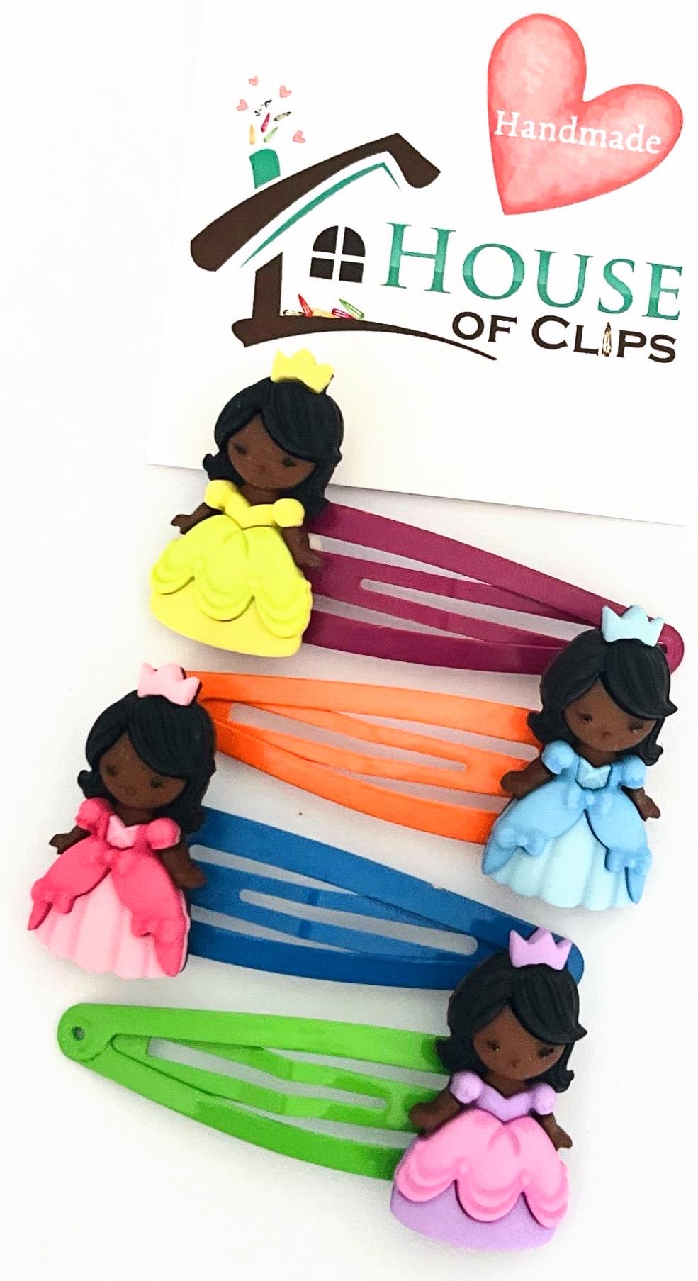 Princess Hair Clip Set: Handmade Party Girl Barrettes, black princess clips, afro-carribean princess, afro hair