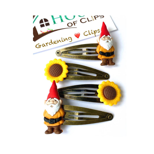 Gnome & Sunflower Hair Clips: Gardening Gift Set of 4