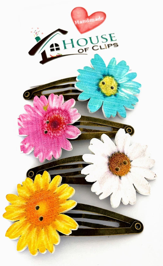 Wooden Flower Hair Clips: Colorful Button Bouquet, Set of 4