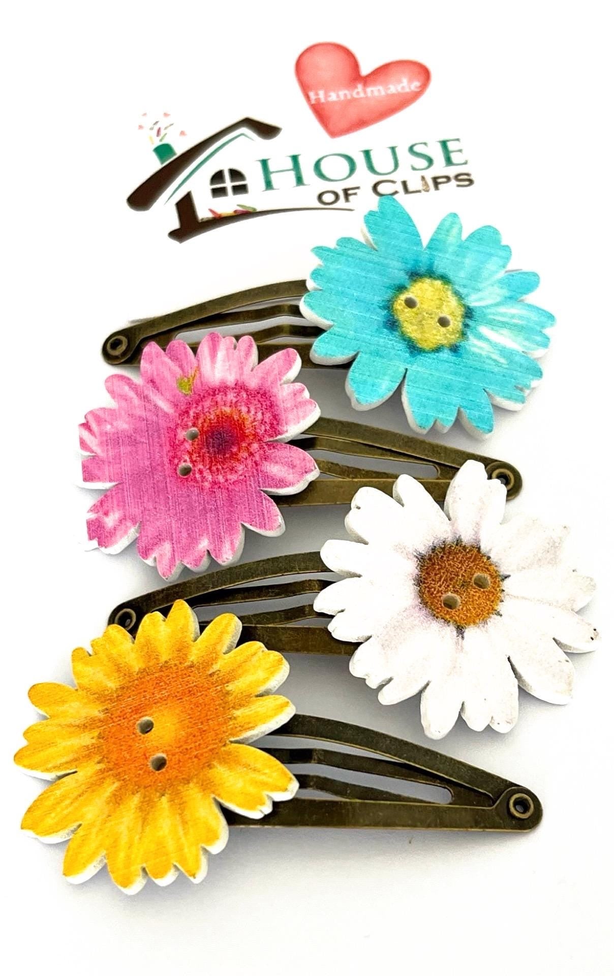 Wooden Flower Hair Clips: Colorful Button Bouquet, Set of 4