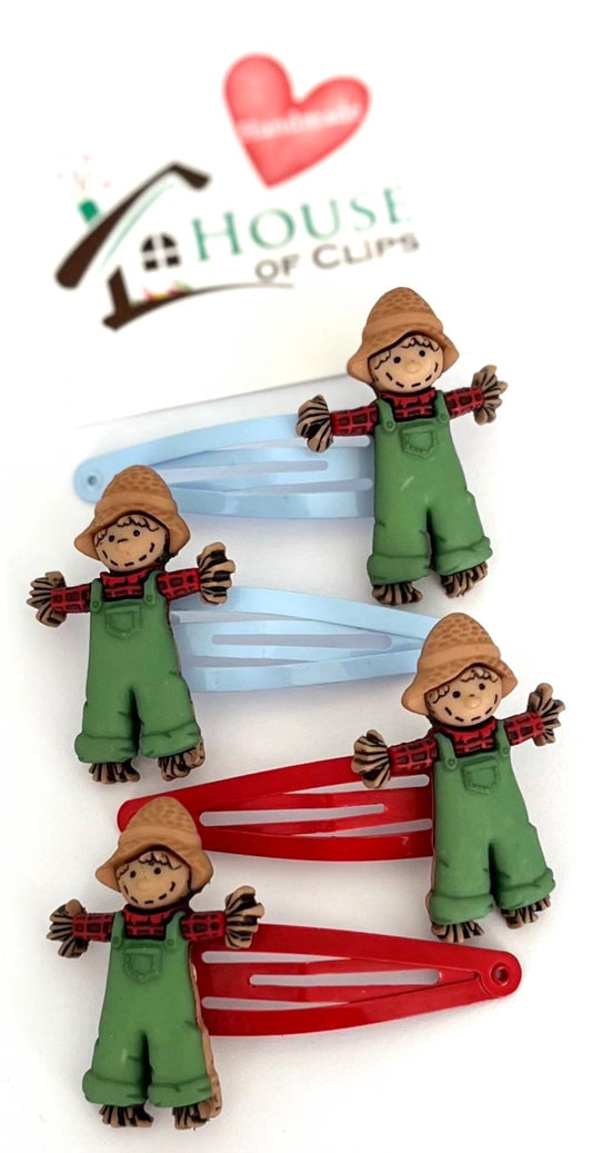 Scarecrow Hair Clips x2 - Autumn Hair Clips - Scarecrow Barrettes - Scarecrow Snap Clips - Wizard of Oz Gift - Fall Hair Clips -